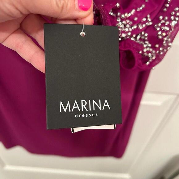 Marina Beaded Mesh Long Sleeve Side Drape Dress Size 8 - Picture 3 of 9